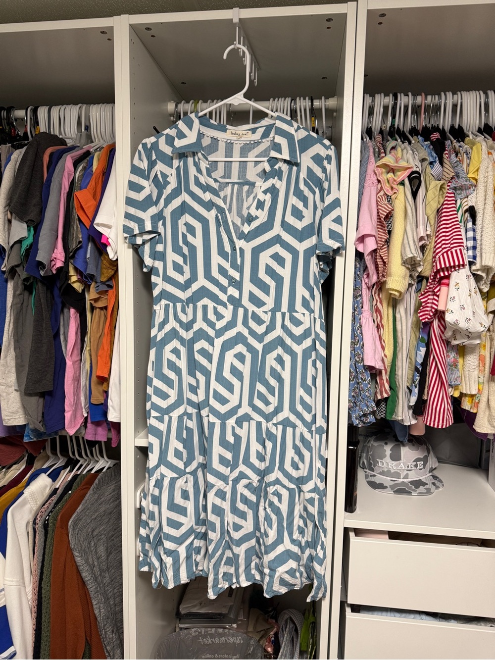 indigo soul Blue & White Geometric Collared Midi Dress